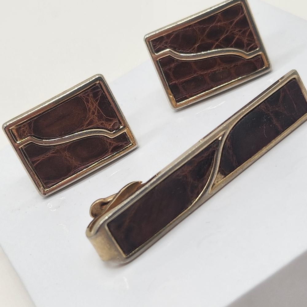 Vintage Set Cufflinks Tie bar Brown Leather Croc Embossed Bullet Back Clip Gift